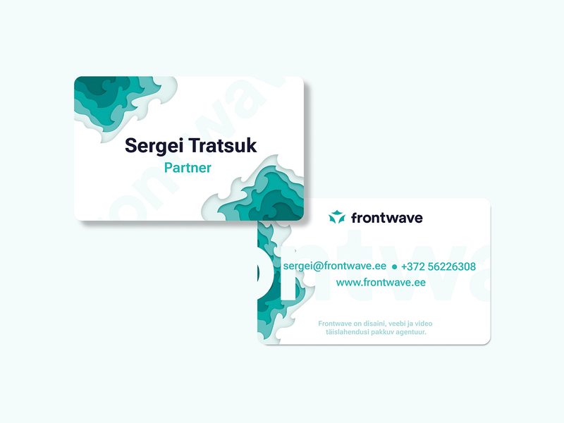 Frontwave business cards with a teal wave pattern