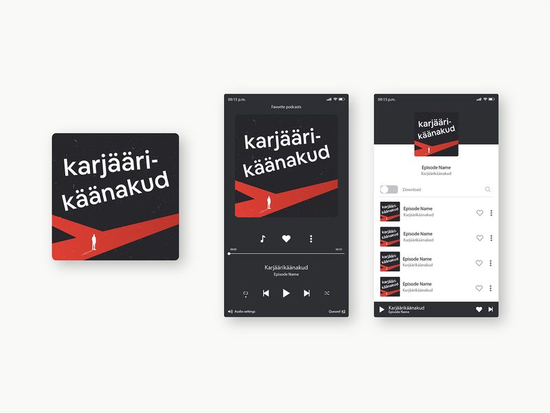 Karjäärikäänakud podcast cover art and app screens