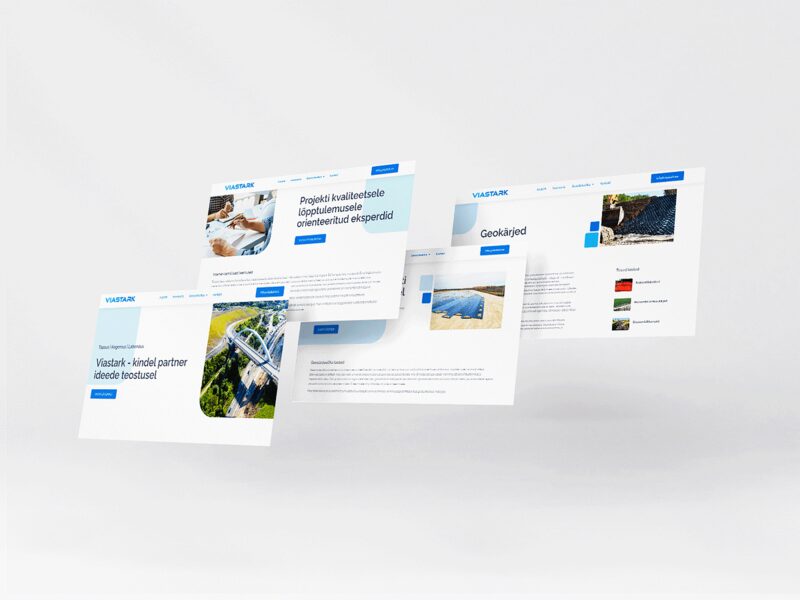 Viastark website design: light layouts with blue accents and construction photography