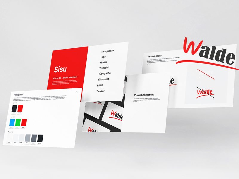 Walde brand guideline pages: logo, colours and typography