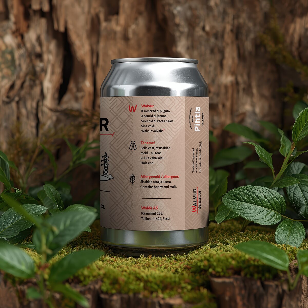 Back of the Walvur can: label typography, geometric pattern and product information