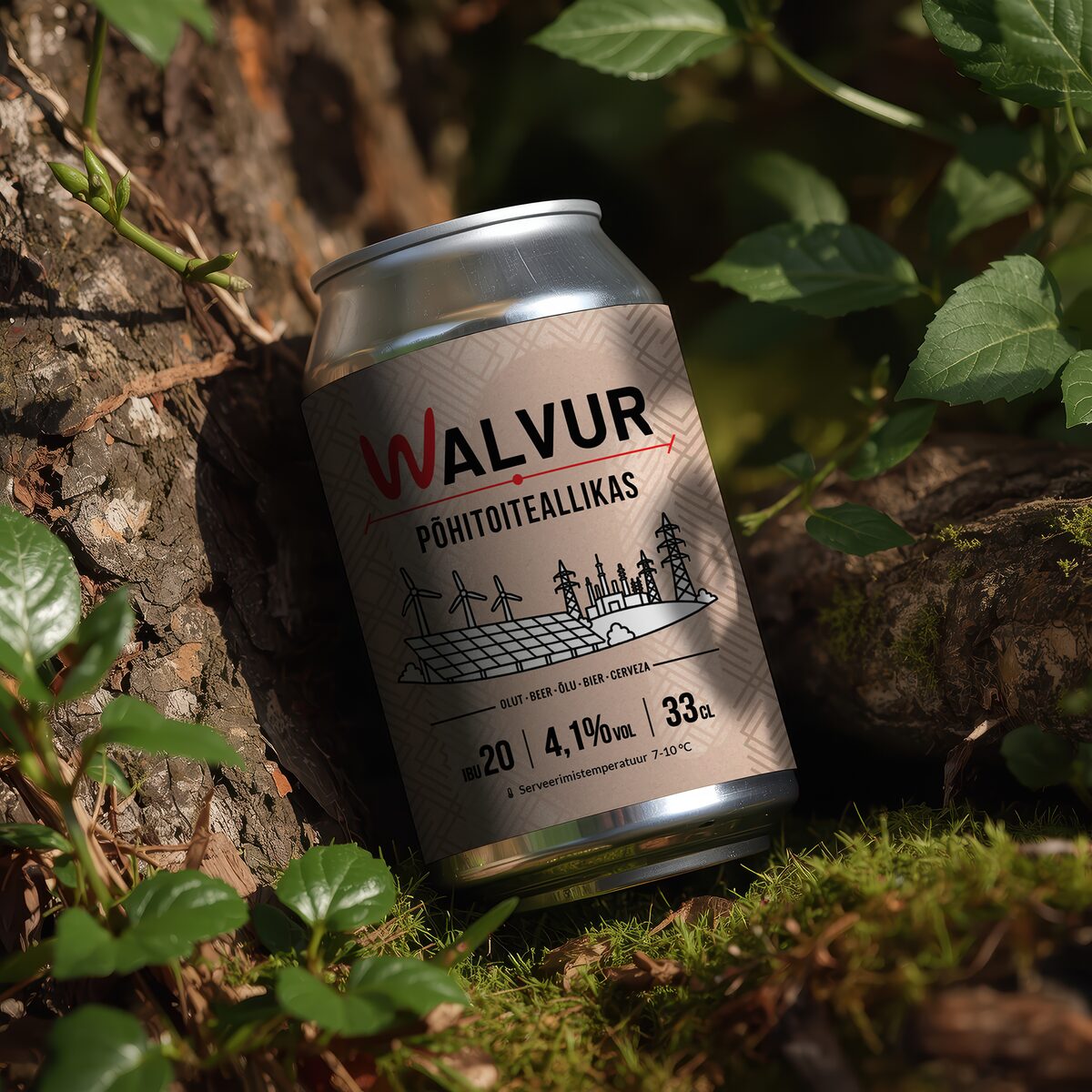 Walvur beer can design with a geometric label, red and black typography and an energy-themed illustration